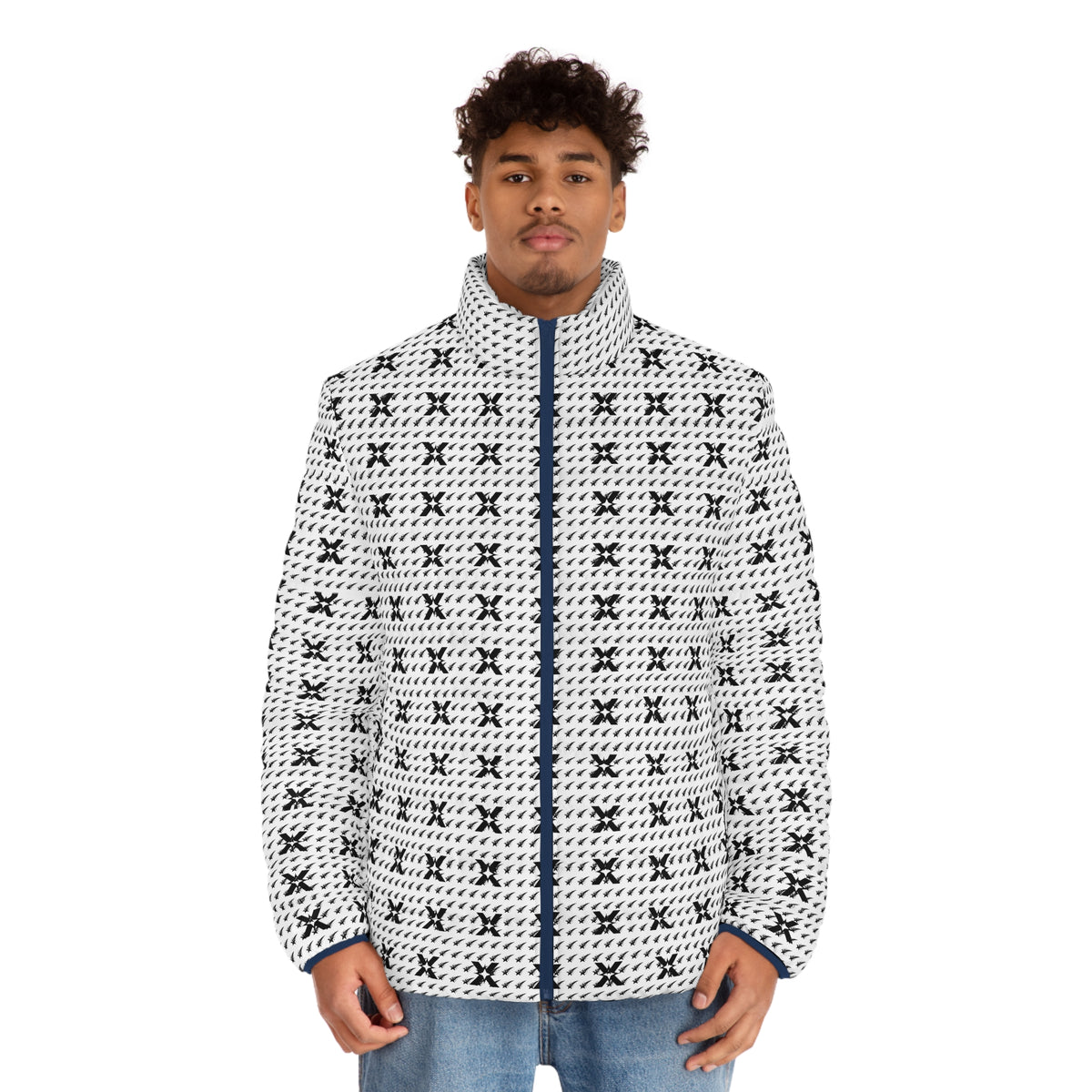 Men's Monogram Puffer Jacket — All-Over Black Star Pattern
